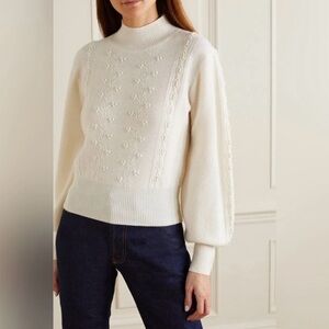 Reformation Sinclair Embroidered Wool Sweater Cream PomPoms Size XS